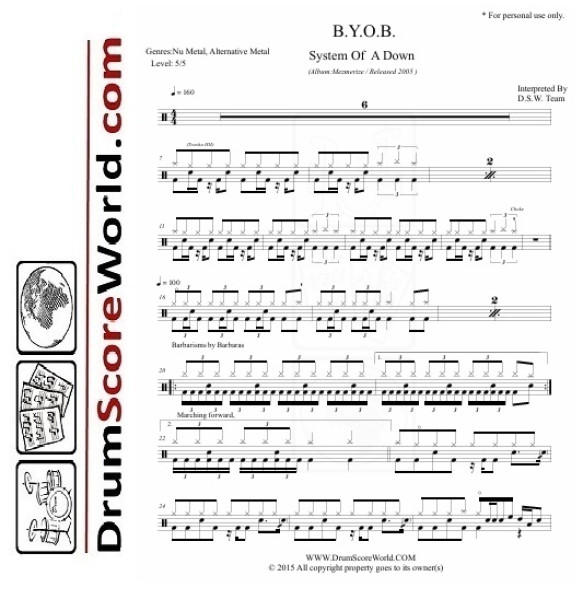 System Of A Down – “B.Y.O.B.” Drum Sheet + Play-Along Track